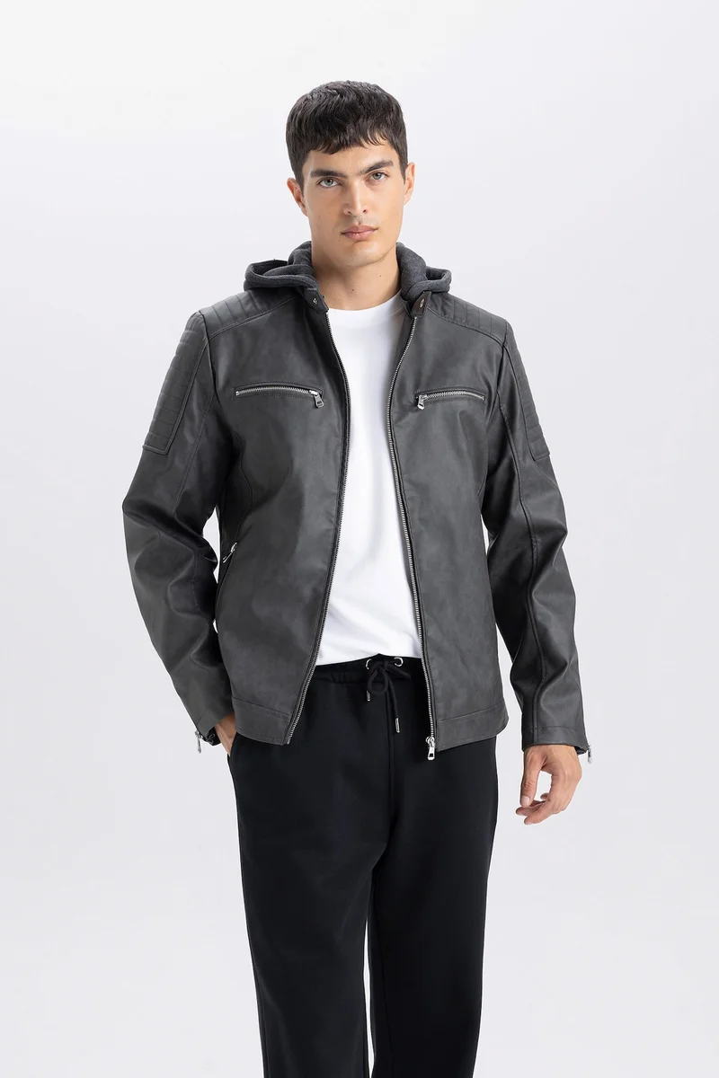 Slim Fit Hooded Zippered Faux Leather Jacket