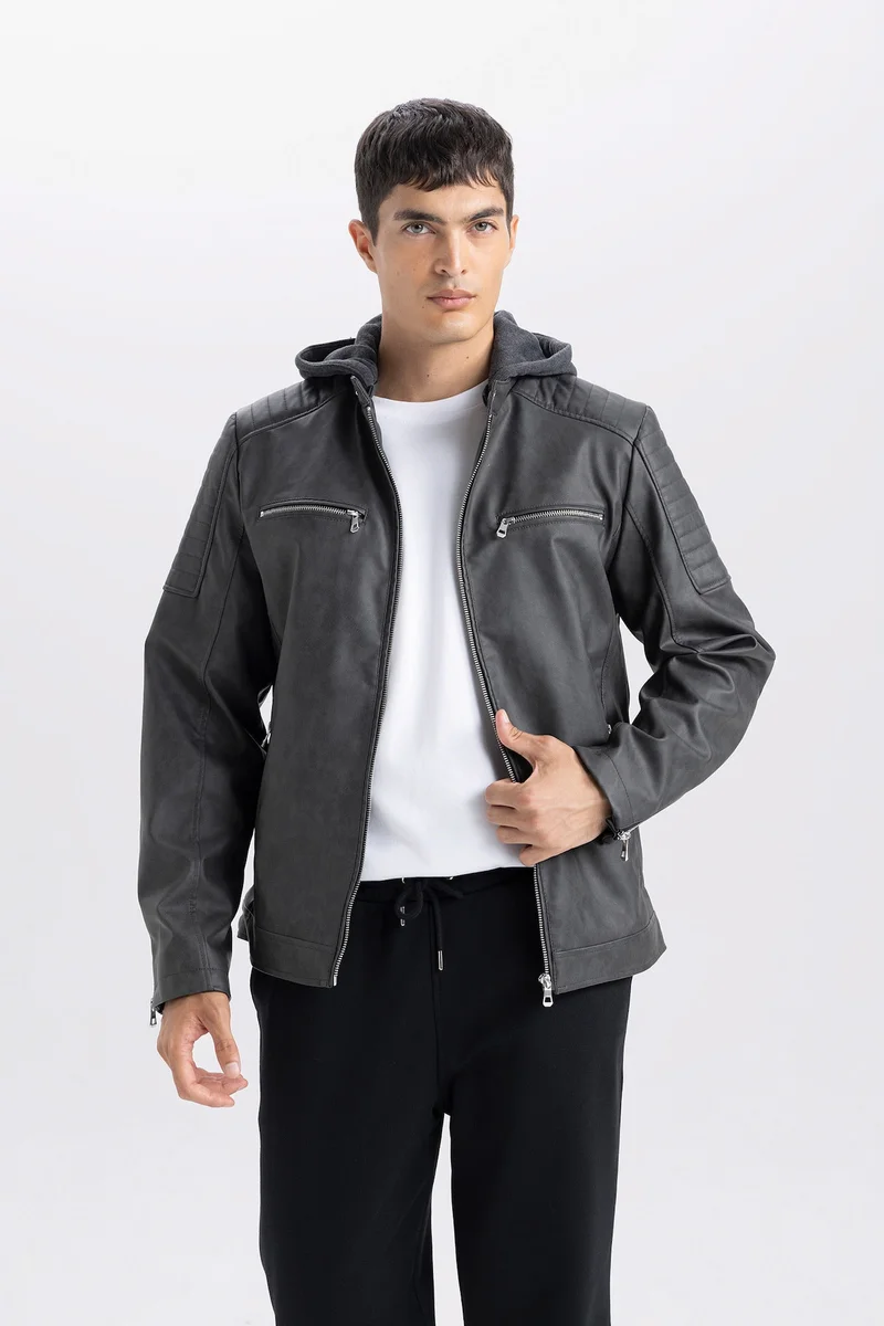 Defacto  Slim Fit Hooded Zippered Faux Leather Jacket for Men | Best Price UAE