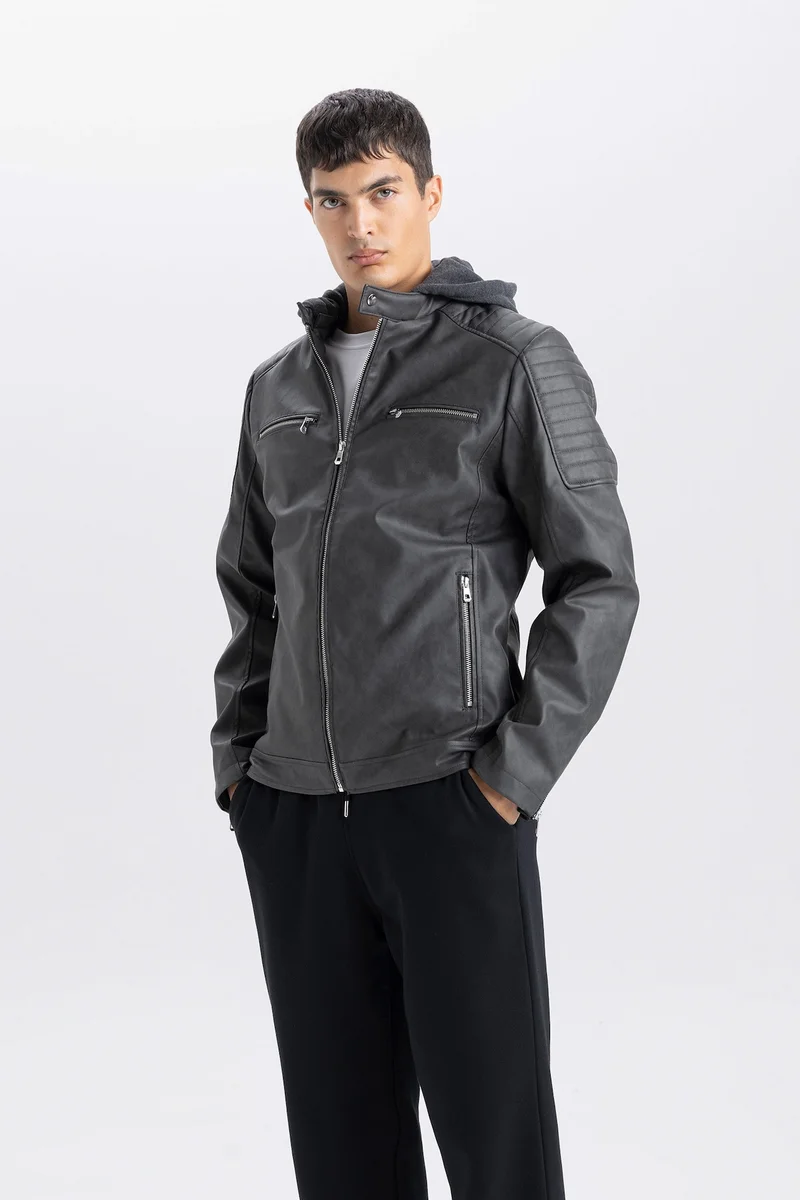 Defacto  Slim Fit Hooded Zippered Faux Leather Jacket for Men | Best Price UAE