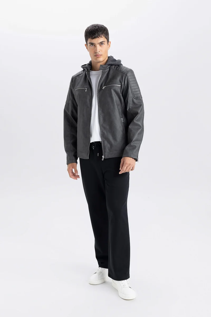 Defacto Slim Fit Hooded Zippered Faux Leather Jacket