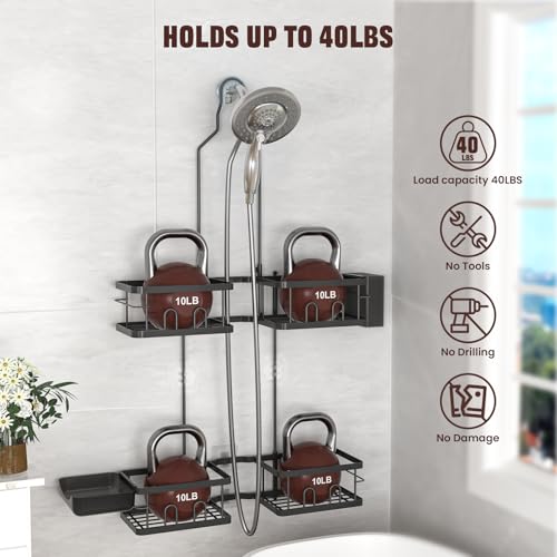 REINHARDT Adjustable Shower Caddy Hanging Rustproof Shower Caddy for Handheld Showerheads, Shower Organizer with Hooks Soap Holder Toothbrush Holder, Anti-Swing Shower Rack Bathroom Accessories, Black - Image 3