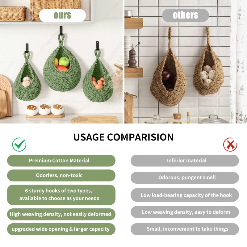 INJORAN Boho Wall Hanging Fruit Baskets for Kitchen 3 Pack Woven Produce Holder with 6 Pcs Strong Hooks Vegetable Hanging Basket for Organizing Teardrop Home Wall Potato Onion Storage, Green - Image 3