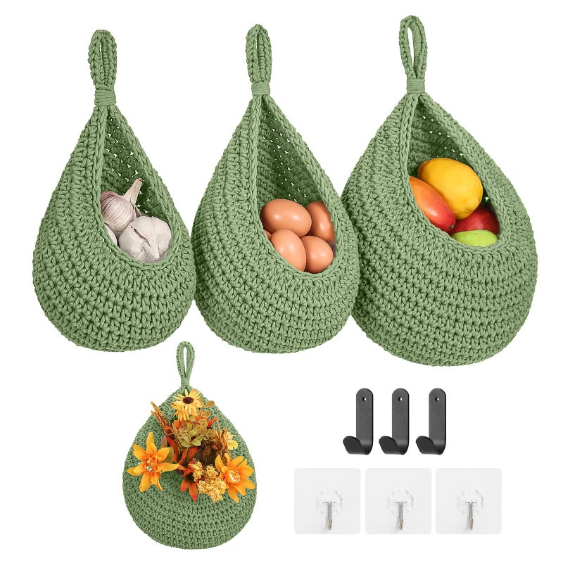 INJORAN Boho Wall Hanging Fruit Baskets for Kitchen 3 Pack Woven Produce Holder with 6 Pcs Strong Hooks Vegetable Hanging Basket for Organizing Teardrop Home Wall Potato Onion Storage, Green - Image 1