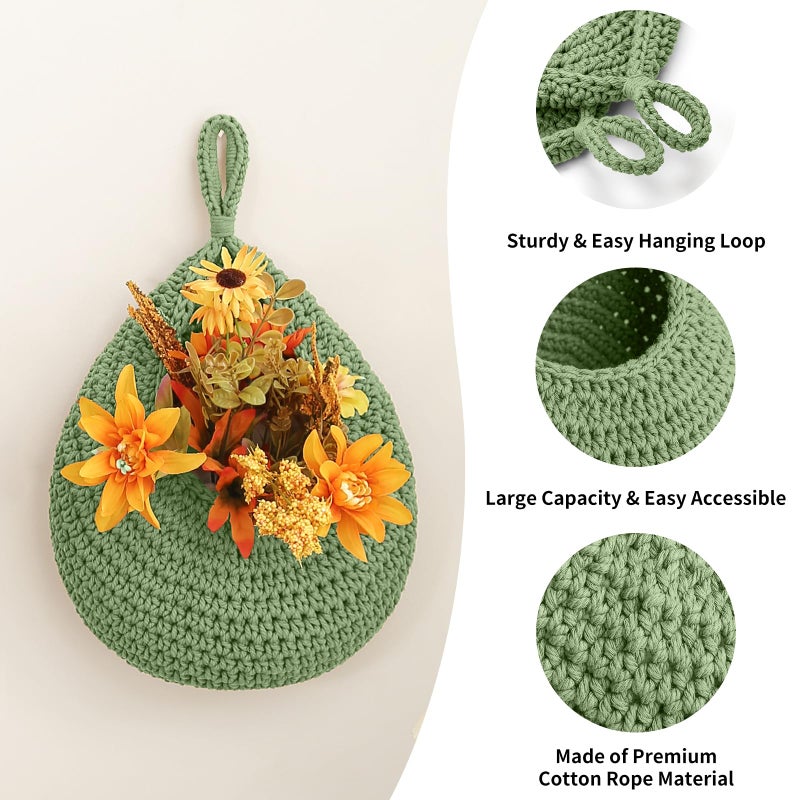 INJORAN Boho Wall Hanging Fruit Baskets for Kitchen 3 Pack Woven Produce Holder with 6 Pcs Strong Hooks Vegetable Hanging Basket for Organizing Teardrop Home Wall Potato Onion Storage, Green - Image 2