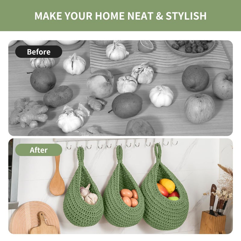 INJORAN Boho Wall Hanging Fruit Baskets for Kitchen 3 Pack Woven Produce Holder with 6 Pcs Strong Hooks Vegetable Hanging Basket for Organizing Teardrop Home Wall Potato Onion Storage, Green - Image 5