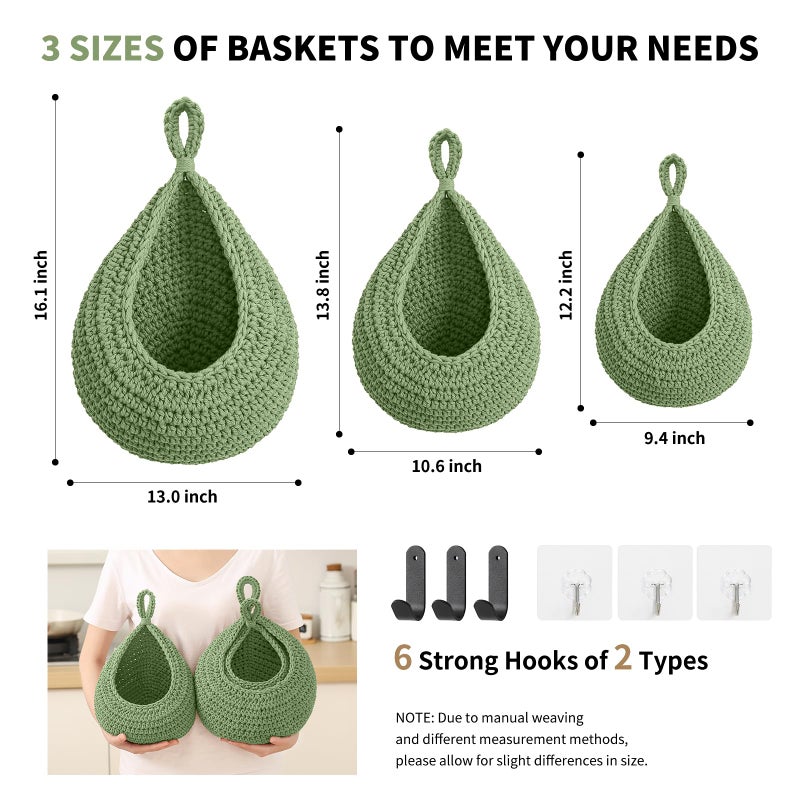 INJORAN Boho Wall Hanging Fruit Baskets for Kitchen 3 Pack Woven Produce Holder with 6 Pcs Strong Hooks Vegetable Hanging Basket for Organizing Teardrop Home Wall Potato Onion Storage, Green - Image 4