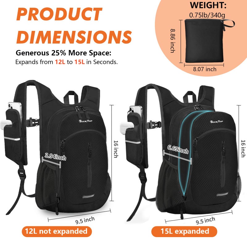 Seektop Expandable Small Hiking Backpack 12L-15L Lightweight Packable Waterproof Daypack with Phone Pocket for Women Men - Image 2