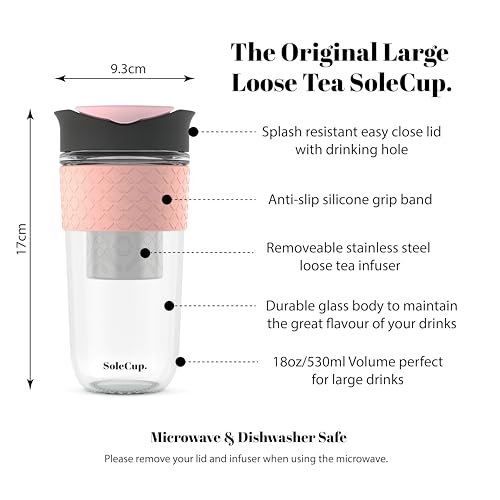 SoleCup. Large Travel Mug Loose Tea Infuser - Detachable Tea Strainer with Spill Proof Lid - 18oz/530ml BPA-Free Reusable Glass Travel Coffee Cup with Silicone Band (Gray and Pink, 18oz) - Image 2