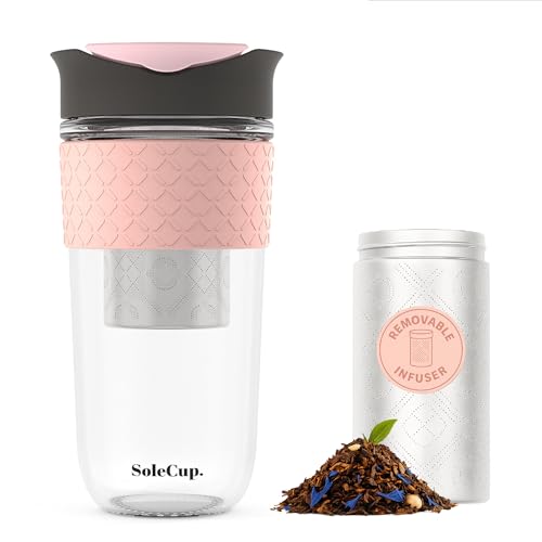 SoleCup. Large Travel Mug Loose Tea Infuser - Detachable Tea Strainer with Spill Proof Lid - 18oz/530ml BPA-Free Reusable Glass Travel Coffee Cup with Silicone Band (Gray and Pink, 18oz) - Image 1