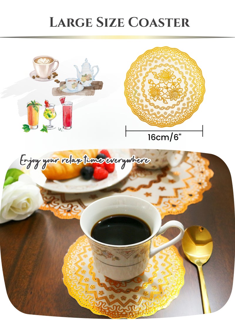 6Pcs Bronzing Printed Round Waterproof Coaster Placemat Set,16cm Dinning Table Placemats Set,Oil-Proof,Heat-resistant,Anti-scald, Non-Washing,Wipe it clean, Home Kitchen Table Decoration, Daily Family Dining Afternoon tea,Holiday Party, Wedding,Cafes, Gifts,Golden White Background (6inch)  - Image 2