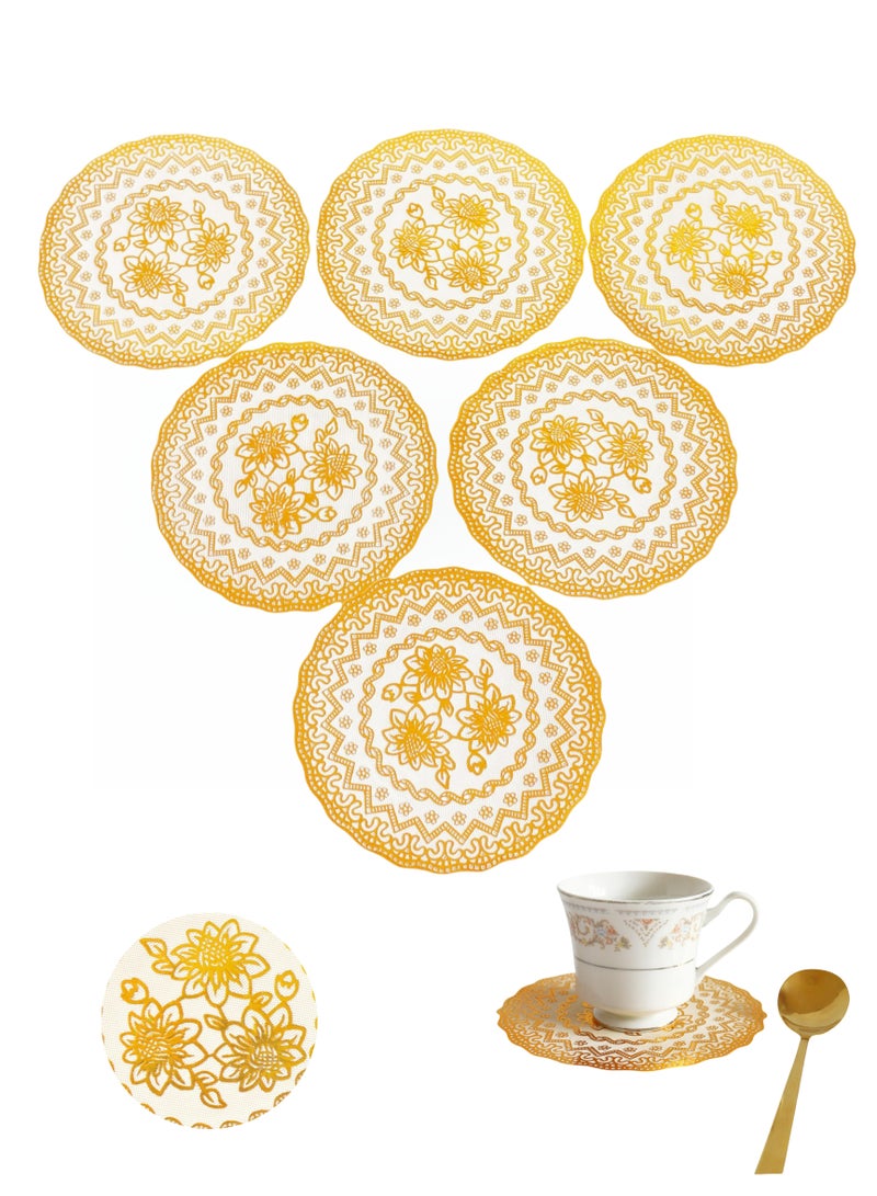 6Pcs Bronzing Printed Round Waterproof Coaster Placemat Set,16cm Dinning Table Placemats Set,Oil-Proof,Heat-resistant,Anti-scald, Non-Washing,Wipe it clean, Home Kitchen Table Decoration, Daily Family Dining Afternoon tea,Holiday Party, Wedding,Cafes, Gifts,Golden White Background (6inch)  - Image 1