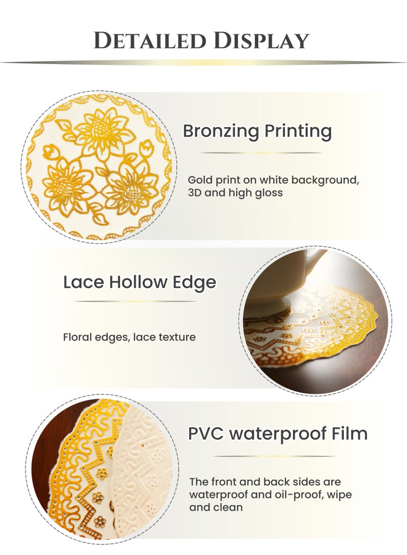 6Pcs Bronzing Printed Round Waterproof Coaster Placemat Set,16cm Dinning Table Placemats Set,Oil-Proof,Heat-resistant,Anti-scald, Non-Washing,Wipe it clean, Home Kitchen Table Decoration, Daily Family Dining Afternoon tea,Holiday Party, Wedding,Cafes, Gifts,Golden White Background (6inch)  - Image 3