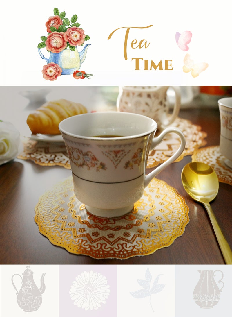 6Pcs Bronzing Printed Round Waterproof Coaster Placemat Set,16cm Dinning Table Placemats Set,Oil-Proof,Heat-resistant,Anti-scald, Non-Washing,Wipe it clean, Home Kitchen Table Decoration, Daily Family Dining Afternoon tea,Holiday Party, Wedding,Cafes, Gifts,Golden White Background (6inch)  - Image 4