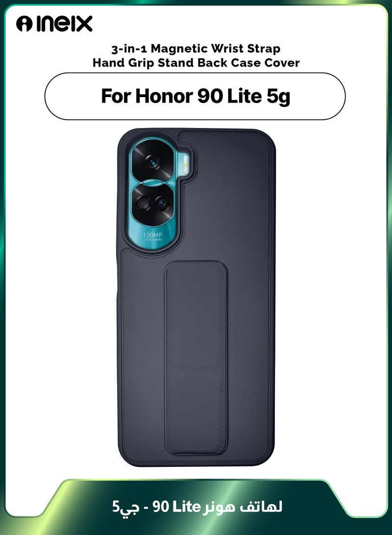 INEIX 3-in-1 Magnetic Wrist Strap Hand Grip Stand Back Case Cover for Honor 90 Lite-Navy Blue - Image 1
