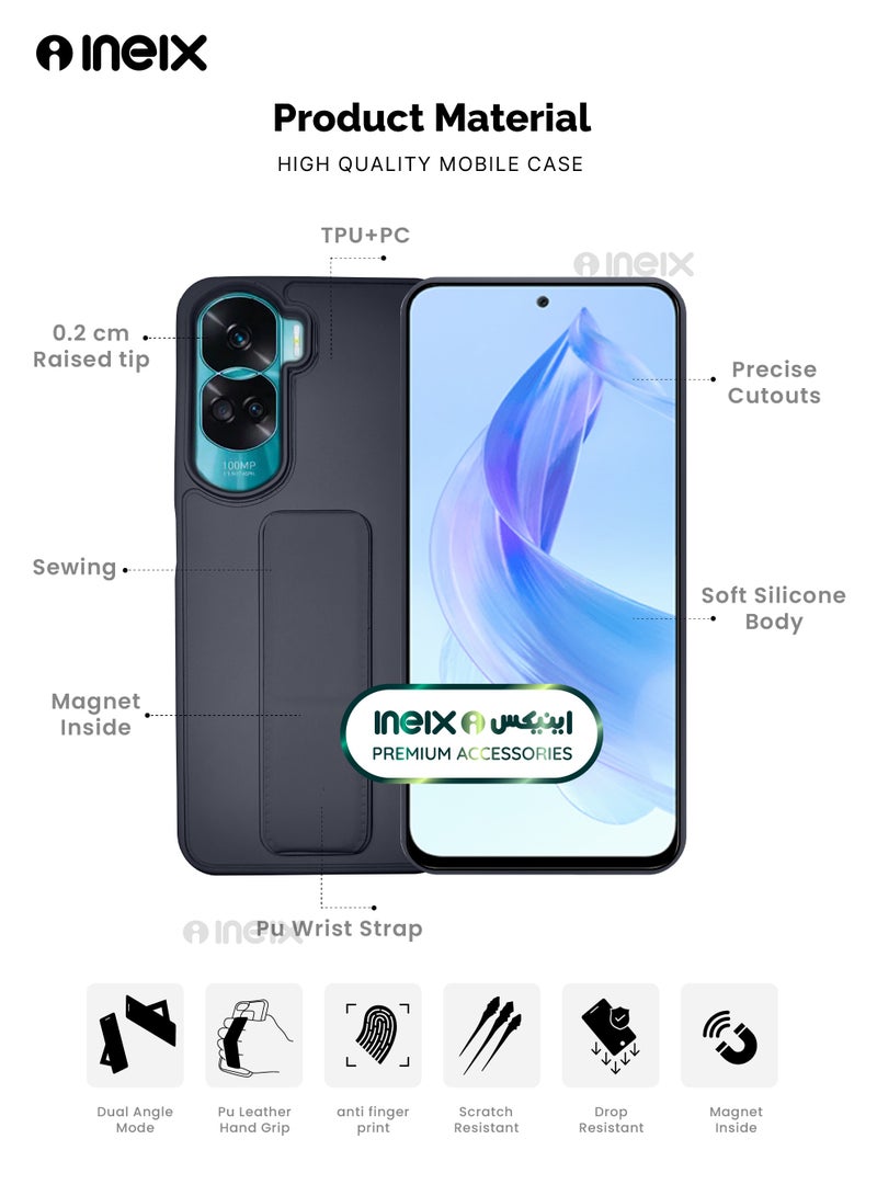 INEIX 3-in-1 Magnetic Wrist Strap Hand Grip Stand Back Case Cover for Honor 90 Lite-Navy Blue - Image 2