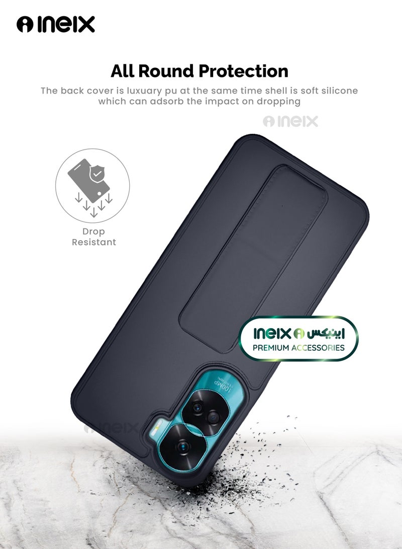 INEIX 3-in-1 Magnetic Wrist Strap Hand Grip Stand Back Case Cover for Honor 90 Lite-Navy Blue - Image 5