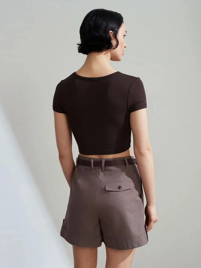 ديلفين DILVIN Women's Crop Slim-Fit Crew Neck T-Shirt