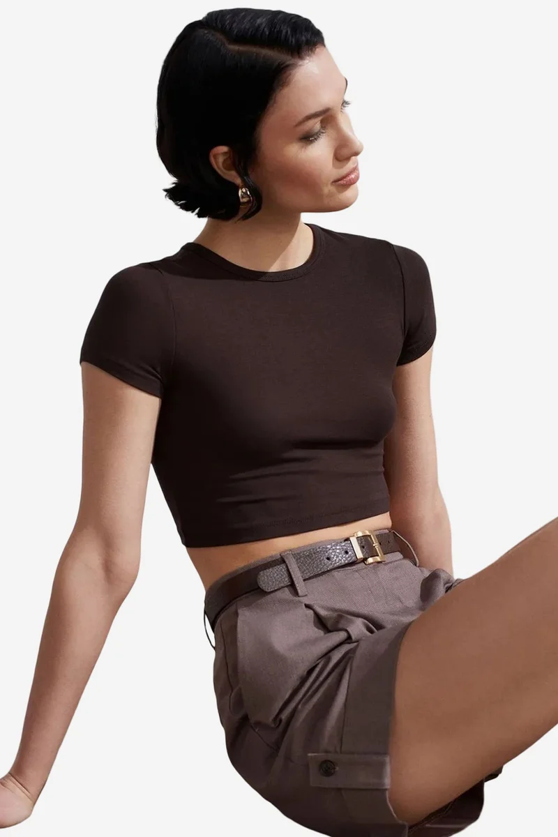 Dilvin Coffee Brown DILVIN Women's Crop Slim-Fit Crew Neck T-Shirt for Women | Best Price UAE