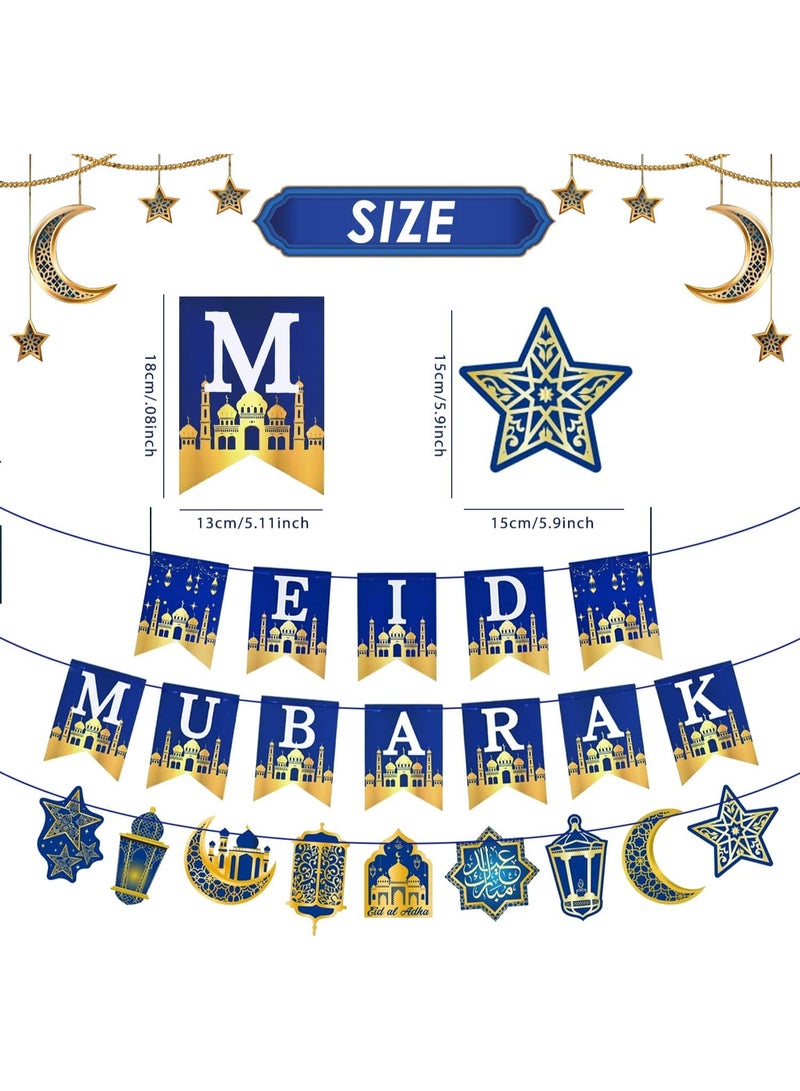 Eid Mubarak Banner Decorations, Pre-Tied Eid Mubarak Bunting Banner Party Supplies for Home Outdoor Umrah Mubarak Party Decor Moon Star Garland - Image 2
