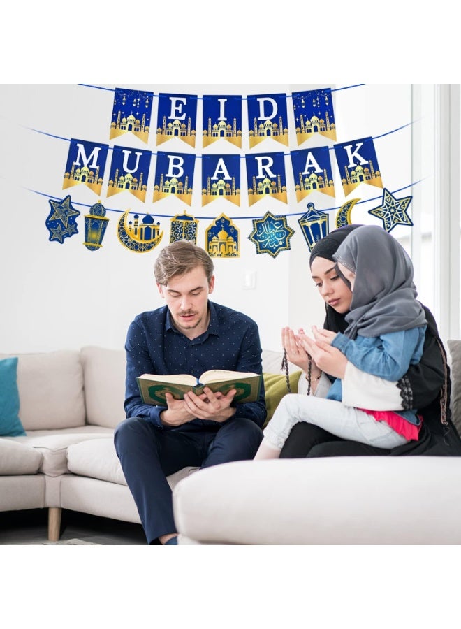 Eid Mubarak Banner Decorations, Pre-Tied Eid Mubarak Bunting Banner Party Supplies for Home Outdoor Umrah Mubarak Party Decor Moon Star Garland - Image 5