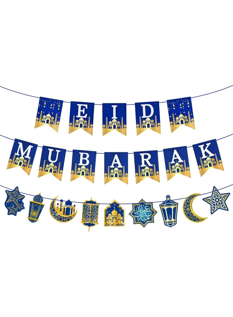 Eid Mubarak Banner Decorations, Pre-Tied Eid Mubarak Bunting Banner Party Supplies for Home Outdoor Umrah Mubarak Party Decor Moon Star Garland - Image 1