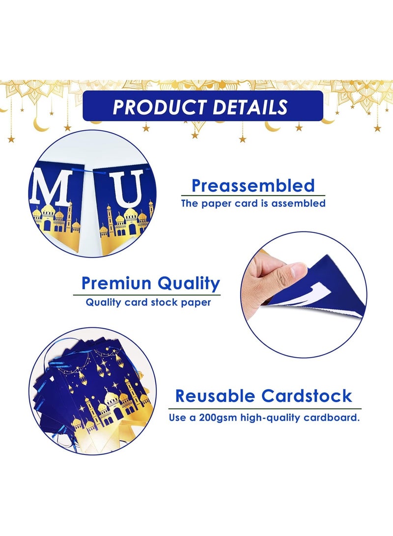 Eid Mubarak Banner Decorations, Pre-Tied Eid Mubarak Bunting Banner Party Supplies for Home Outdoor Umrah Mubarak Party Decor Moon Star Garland - Image 4