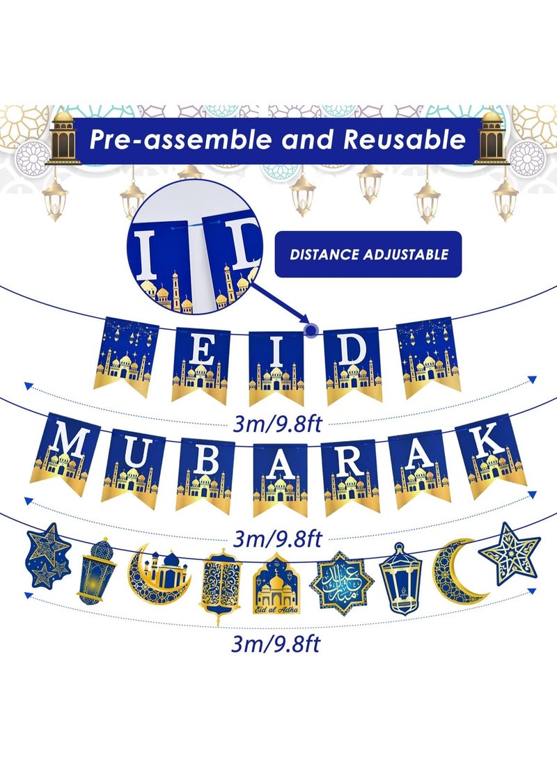 Eid Mubarak Banner Decorations, Pre-Tied Eid Mubarak Bunting Banner Party Supplies for Home Outdoor Umrah Mubarak Party Decor Moon Star Garland - Image 3