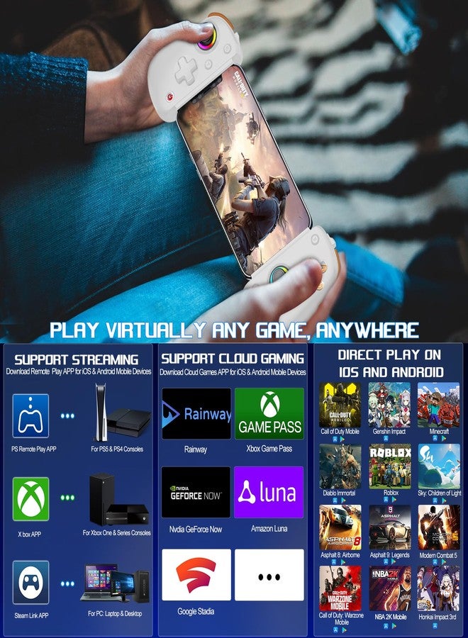 arVin Wireless Gamepad Controller for iPhone/iPad/iOS/Android/Tablet [Within 5-13"]Support Xbox Cloud Gaming/Remote Play/Steam/CODM/Genshin - with Hall Effect Sensing Joystick/RGB Light/Turbo/Back Key - Image 5