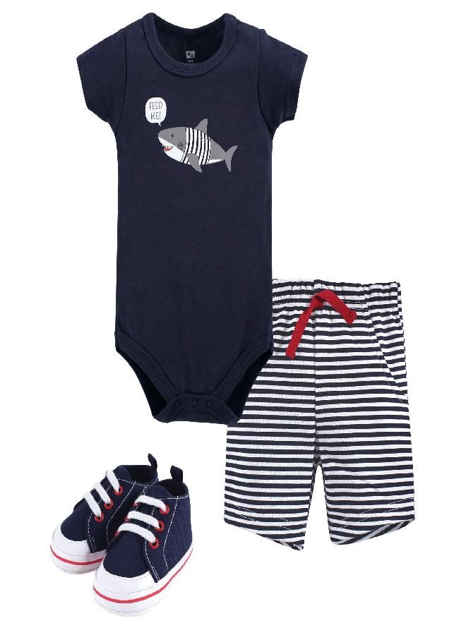 hudson baby Hudson Baby Unisex Baby Cotton Bodysuit, Shorts and Shoe Set, Blue Shark, 0-3 Months  - Image 1