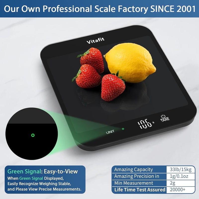 Vitafit 33lb Digital Kitchen Scale, Multifunction Food Scale Weight Grams and Ounces for Cooking Baking,1g/0.1oz Precise Graduation, Batteries Included,Black - Image 2