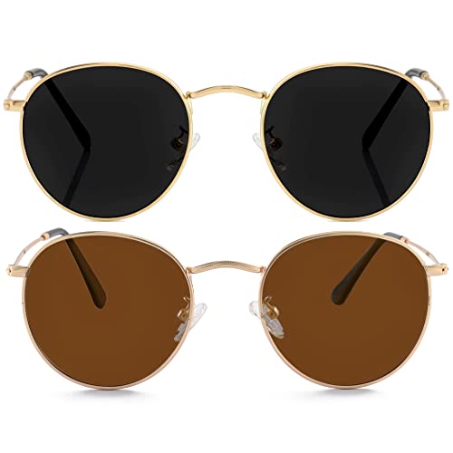 Kursan Small Round Metal Polarized Sunglasses for Men Women Mirrored Lens Classic Circle Sun Glasses (Gold/Black + Gold/Brown) - Image 1