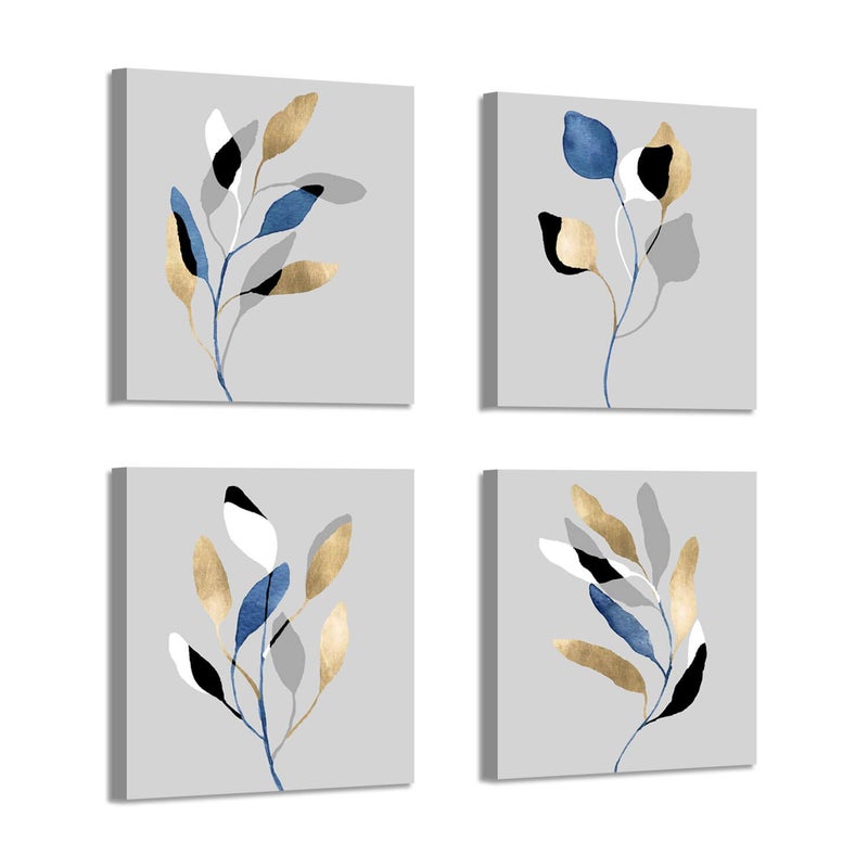 ARTISTIC PATH Botanical Leaf Prints Wall Art: Branch Leaves Pictures Paintings on Canvas Artwork for Dinning Room (12" W x 12" H x 4 PCS,Multi-Sized) - Image 1