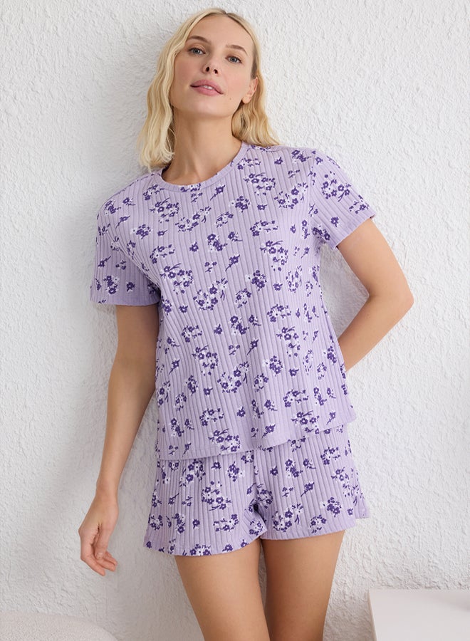 trendyol Lilac Floral Knitted Pajama Set with Ribbed Shorts - Image 2
