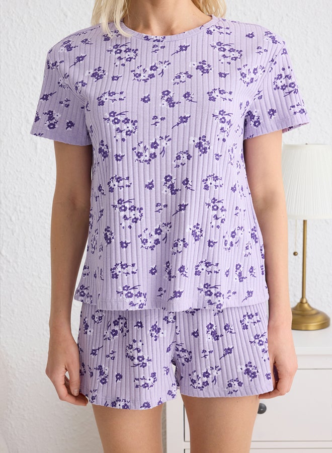 trendyol Lilac Floral Knitted Pajama Set with Ribbed Shorts - Image 3