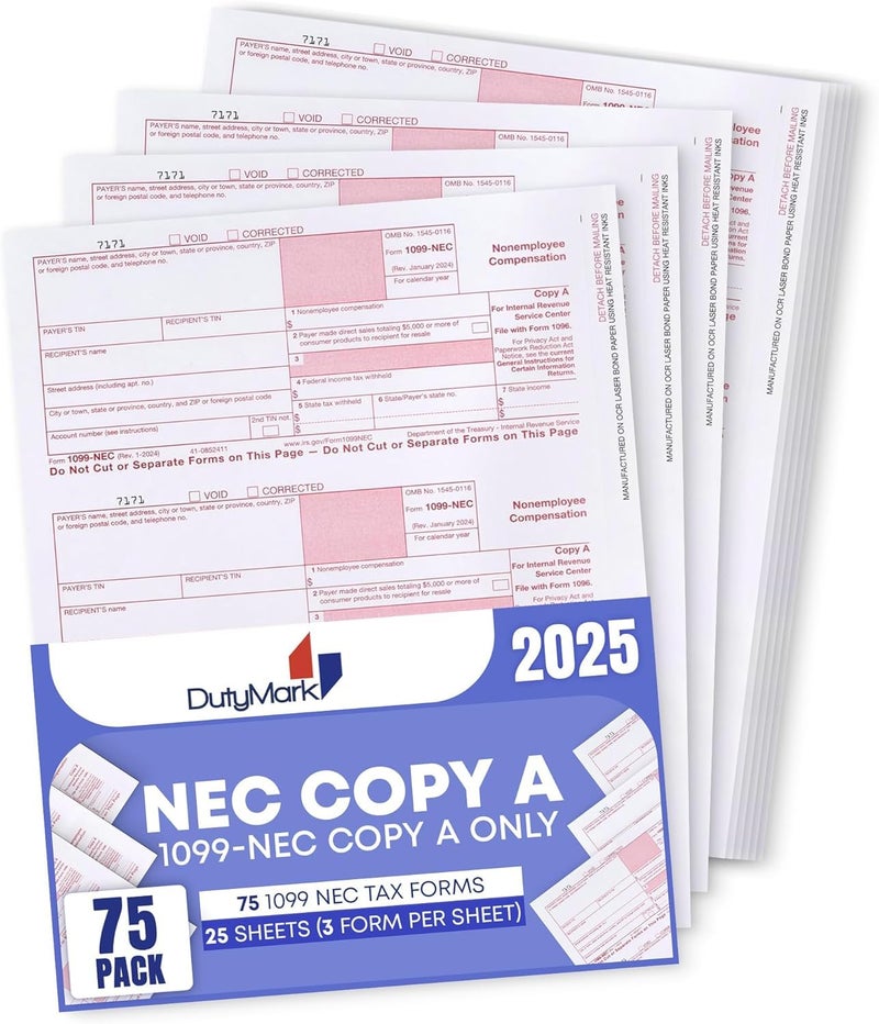 Dutymark 1099 NEC Copy A Forms 75 Forms (25 Sheets) Federal Income Laser Tax Forms, 2025 - Image 1