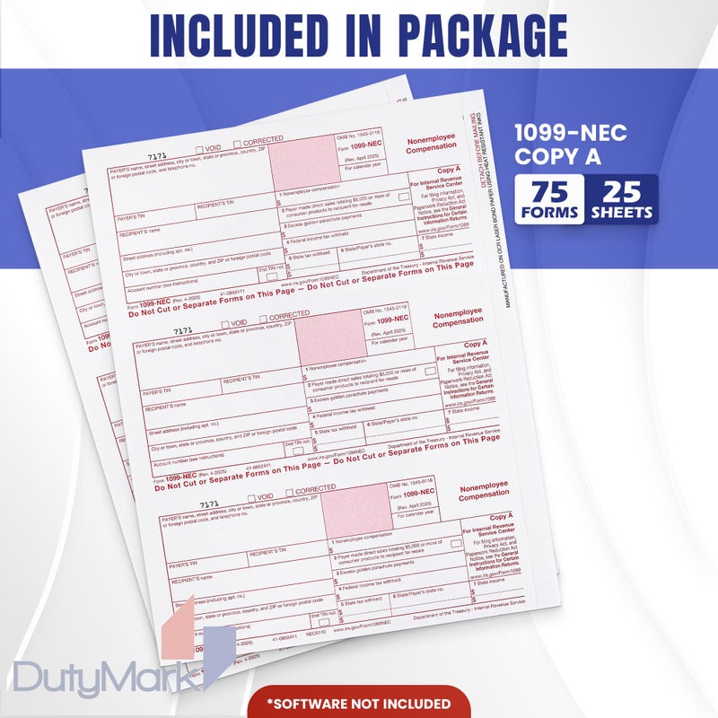 Dutymark 1099 NEC Copy A Forms 75 Forms (25 Sheets) Federal Income Laser Tax Forms, 2025 - Image 2