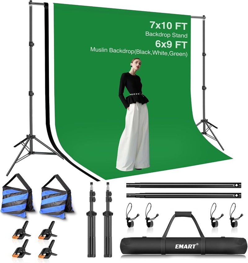 EMART Photo Video Studio Backdrop Stand Kit, 7x10ft (2.0x3.0m) Adjustable Photography Support System with Polyester Background(Black/White/Green Screen), Spring Clamps and Carry Bag for Photoshoot - Image 1