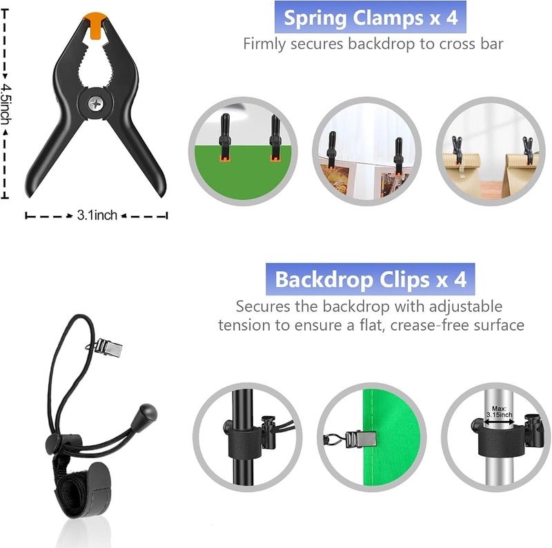 EMART Photo Video Studio Backdrop Stand Kit, 7x10ft (2.0x3.0m) Adjustable Photography Support System with Polyester Background(Black/White/Green Screen), Spring Clamps and Carry Bag for Photoshoot - Image 4