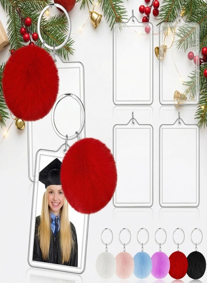 Henoyso 6 Pcs Christmas Photo Keychain Acrylic Picture Keychains with Colorful Fluffy Poms Photo Ornament (2 x 3 Inches) - Image 1