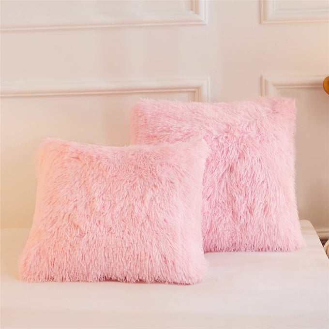 FAUX FUR THROW PILLOW COVERS FLUFFY SOFT FUZZY DECORATIVE PILLOW CASES CUTE PILLOWCASES FOR HOME BEDROOM LIVING ROOM ZIPPER CLOSURE SET OF 2 PINK 18X 18