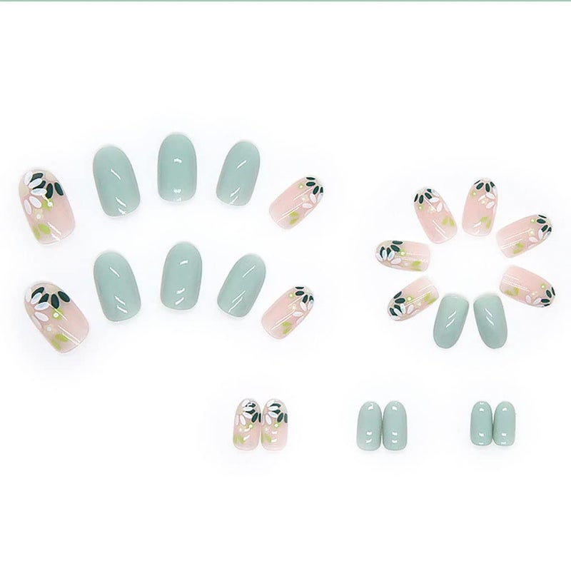 RikView Almond Press on Nails Medium Fake Nails with Flowers Design Green Nails for Women 24 PCs/Set - Image 3