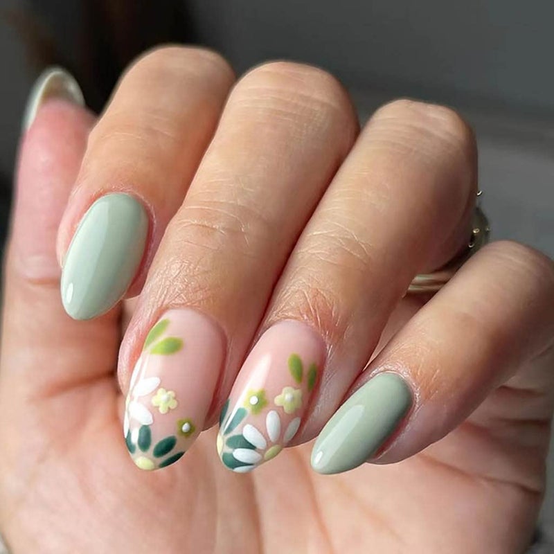 RikView Almond Press on Nails Medium Fake Nails with Flowers Design Green Nails for Women 24 PCs/Set - Image 1