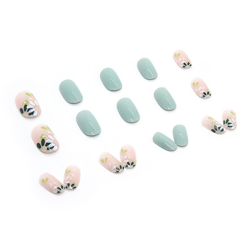 RikView Almond Press on Nails Medium Fake Nails with Flowers Design Green Nails for Women 24 PCs/Set - Image 4