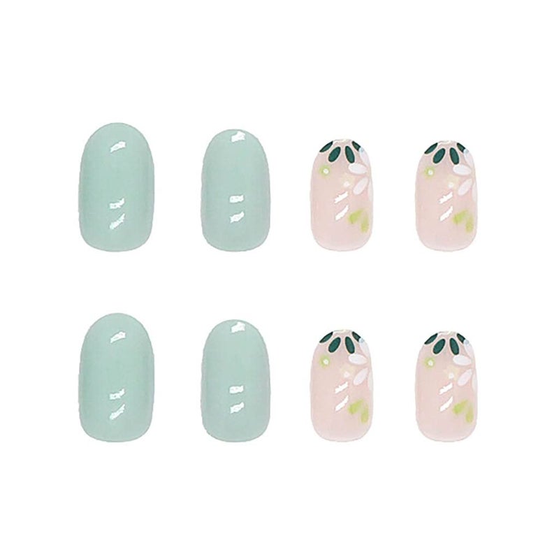 RikView Almond Press on Nails Medium Fake Nails with Flowers Design Green Nails for Women 24 PCs/Set - Image 2