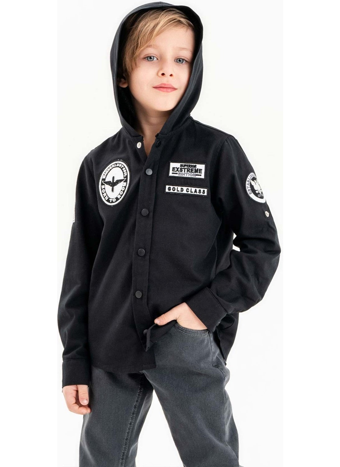 Gold Class Kidswear Snap-On Hooded Embroidered 100% Cotton Boy's Shirt  - Image 1