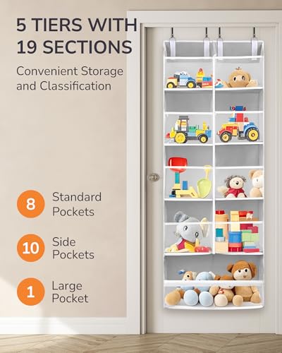 ULG Over the Door Organizer, 5-Tier Extra Large Hanging Storage with 10 Mesh Pockets, 100 lbs Capacity, Heavy Duty Door Organizer for Closet, Bedroom, Nursery Light Grey - Image 3