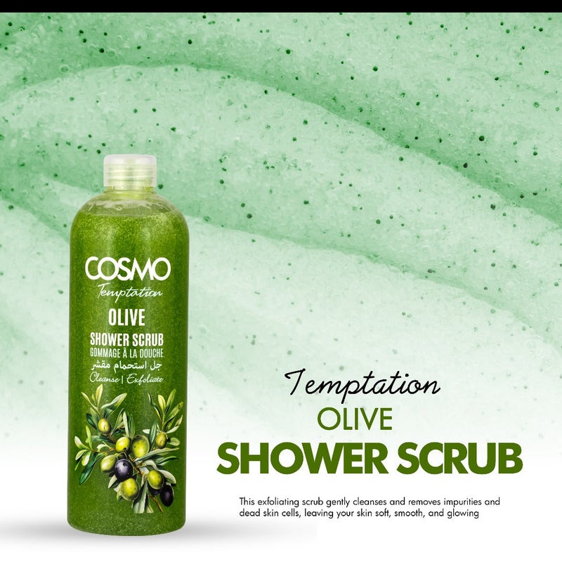 COSMO مقشر دوش زيت الزيتون COSMO 1000 مل، غسول مرطب للجسم، تنظيف وتقشير، لجميع أنواع البشرة، مقشرات للوجه والجسم، جل استحمام للرجال والنساء - Image 2