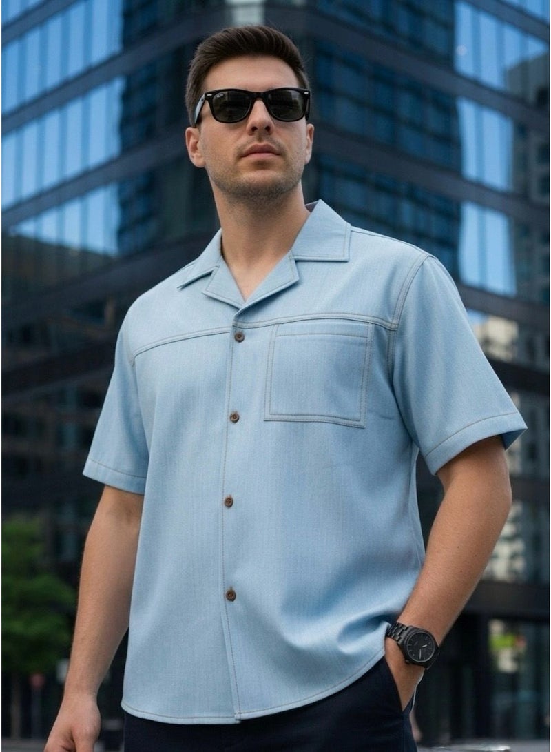 Dayton Italian Style Camp Collar Shirt – Blue Lycra Short Sleeve Summer Shirt - Image 1