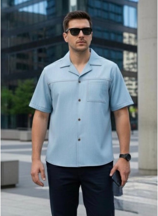 Dayton Italian Style Camp Collar Shirt – Blue Lycra Short Sleeve Summer Shirt - Image 2