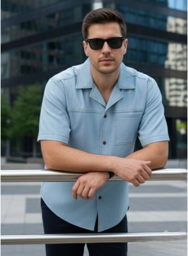 Dayton Italian Style Camp Collar Shirt – Blue Lycra Short Sleeve Summer Shirt - Image 3